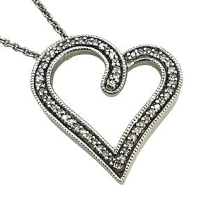 Silver & Diamond Open Heart Charm Pendant Necklace on Sterling Link Chain